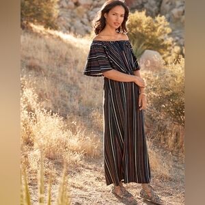 Garnet Hill Off-The-Shoulder Knit Maxi Dress MED Black Stripe Boho Rainbow‎ NEW